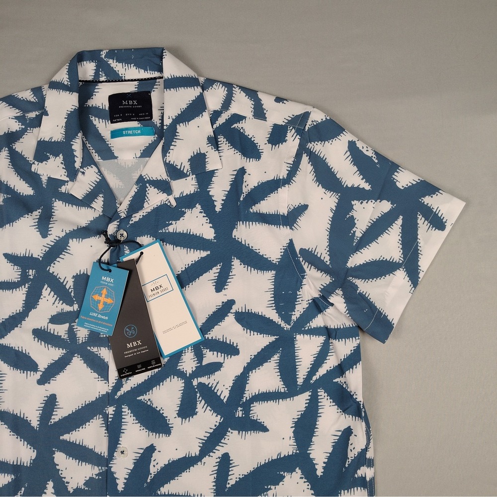 MBX Premium Goods Mens S NWT Camp Shirt Blue White Tropical Palm Leaf Stretch - Picture 7 of 15